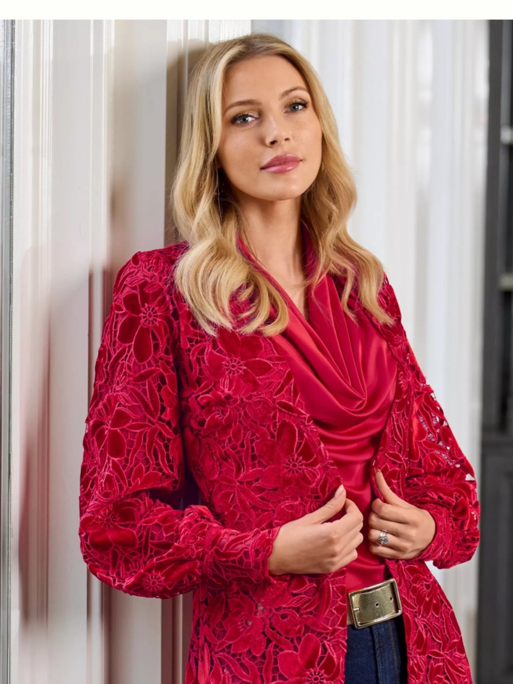 Boston Proper Red Lace Blazer with Draped Satin Cowl